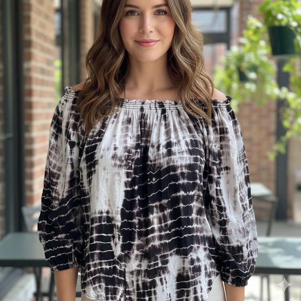 Knox Rose Deep Dark Brown and White Tie Dye Peasant Boho Chic Blouse Size Large